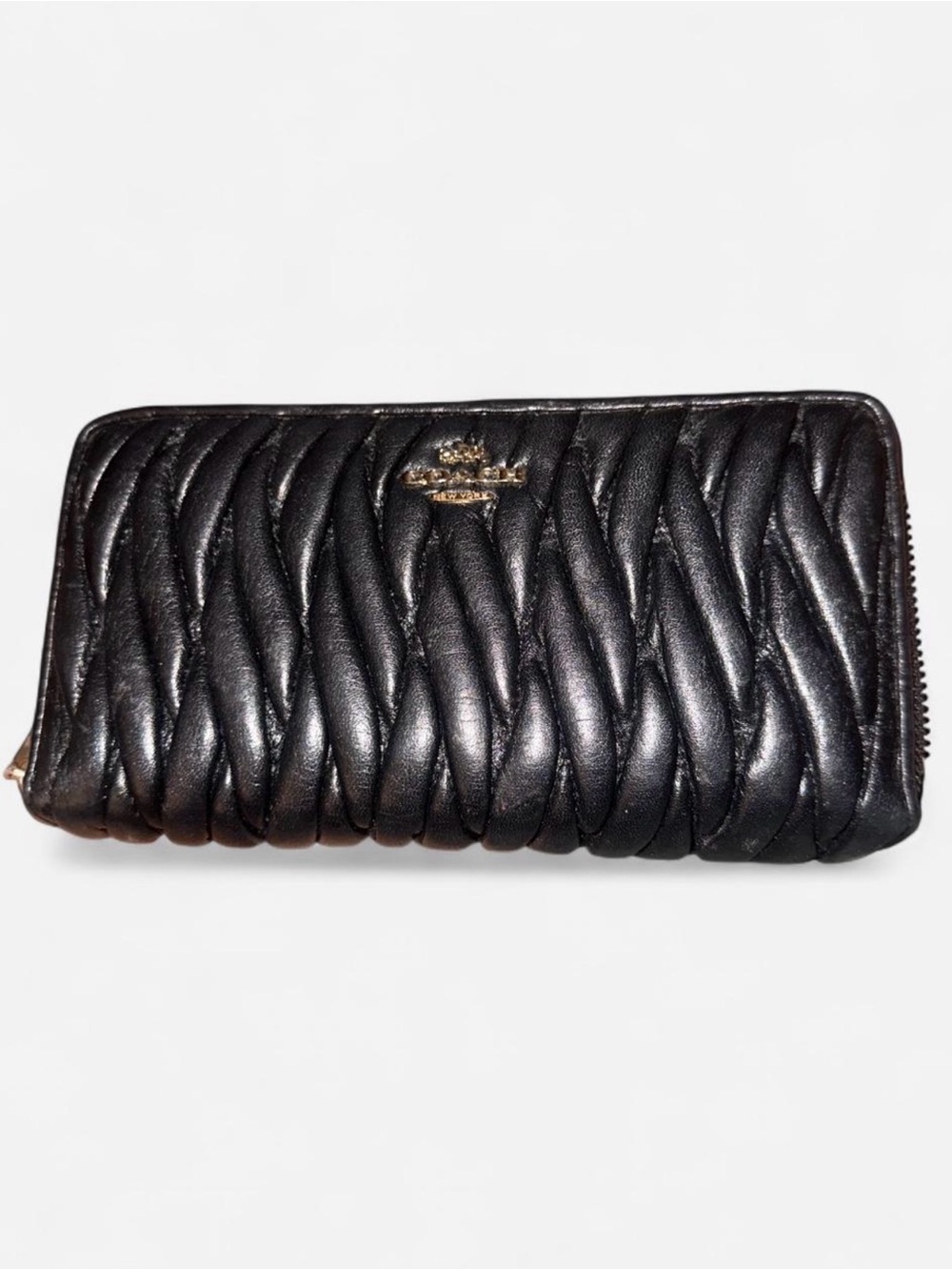 Coach Quilted Zip-Around Wallet in Black with Gold Logo